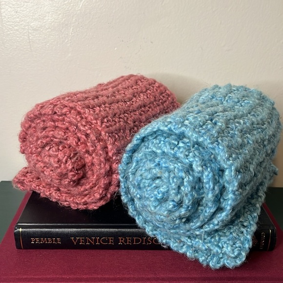 Handmade Knit Blue and Pink Super Soft Cozy Pair of Scarves - Picture 4 of 7